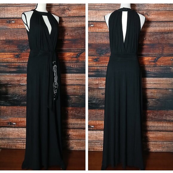 Enthousis Maxi Dress 8 Black Belted Halter Plunge Modal Viscose - Picture 2 of 8